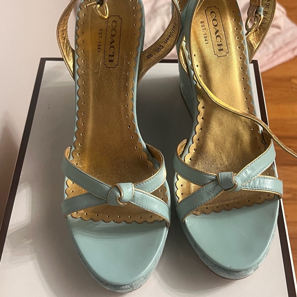 Coach Women's Light Blue and Gold Wedge Sandals - Picture 5 of 10